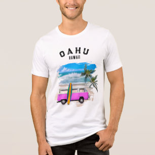Oahu Hawaii Pink Vintage Van Surfboard Waves Tri-Blend Shirt