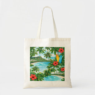 Oahu Hawaii Tropical Turtle, Surfboard & Hibiscus Tote Bag