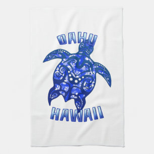 Oahu Hawaii Vacation Tribal Turtle Tea Towel