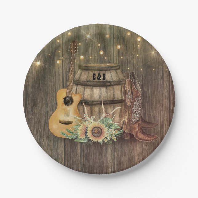 Oak Barrel Rustic Country Wood Cowboy Boots Paper Plate (Front)