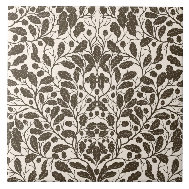 Oak branches and leaves, damask pattern in brown a ceramic tile (Front)