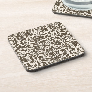 Oak branches and leaves, damask pattern in brown a coaster