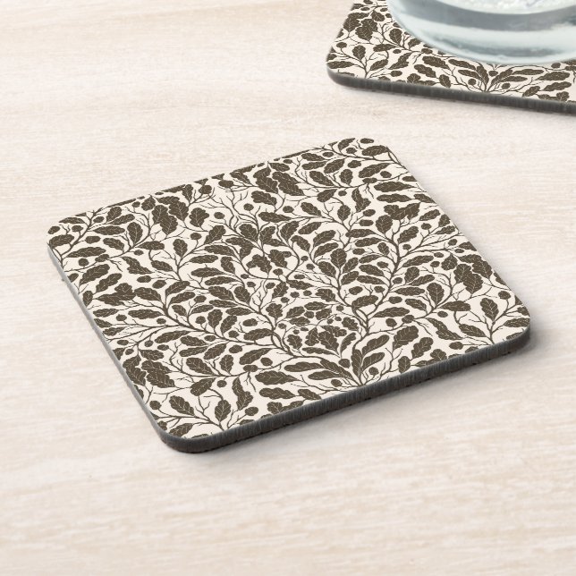 Oak branches and leaves, damask pattern in brown a coaster (Left Side)