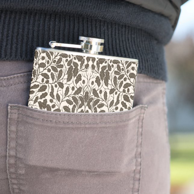 Oak branches and leaves, damask pattern in brown a hip flask (In Situ)