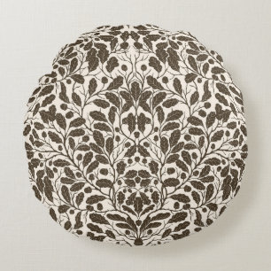Oak branches and leaves, damask pattern in brown a round cushion