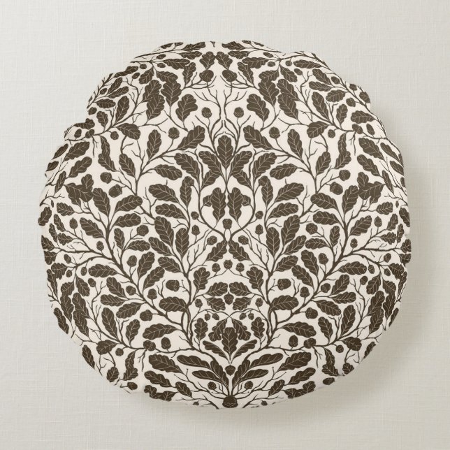 Oak branches and leaves, damask pattern in brown a round cushion (Front)