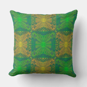 Oak King, bohemian floral pattern, green & yellow Cushion