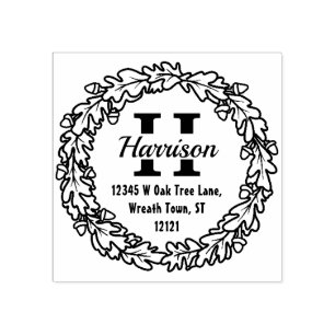 Oak Leaf Acorns Wreath   Monogram Return Address B Rubber Stamp