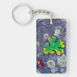 Oak Leaf and Acorns on a Lichen covered rock Key Ring