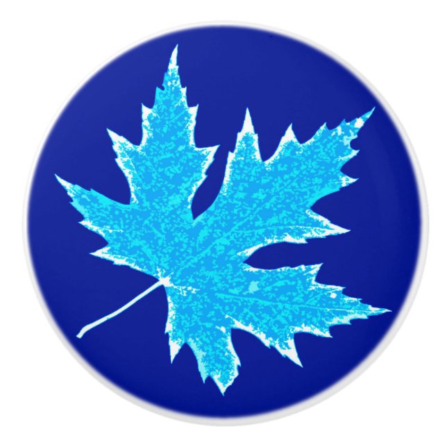 Oak leaf - ice blue and cobalt ceramic knob (Front)