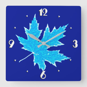 Oak leaf - ice blue and white square wall clock