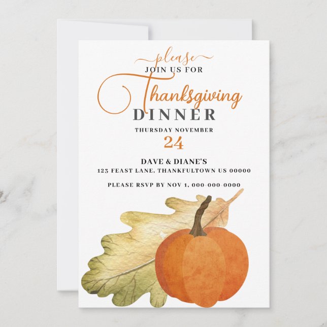 Oak Leaf & Pumpkin Thanksgiving Dinner  Invitation (Front)