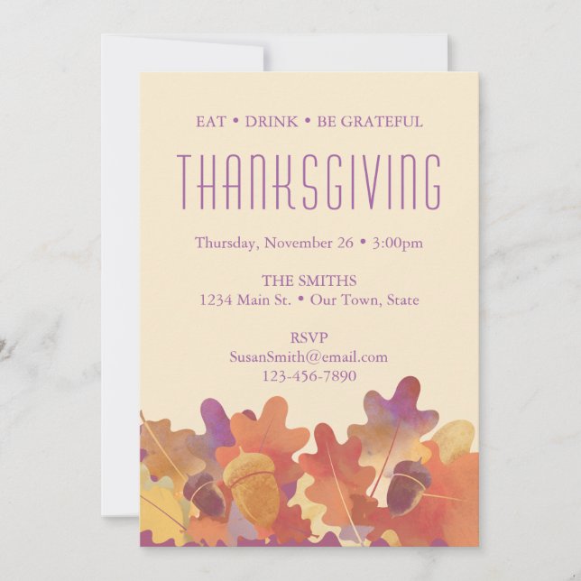Oak Leaves & Acorn Thanksgiving in Purple & Orange Announcement (Front)