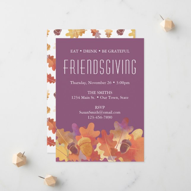 Oak Leaves & Acorn Thanksgiving in Purple & Orange Announcement (Front/Back In Situ)
