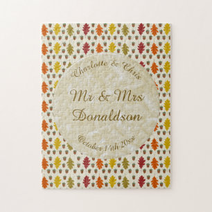 Oak leaves and Acorns Fall Autumn Wedding Custom Jigsaw Puzzle