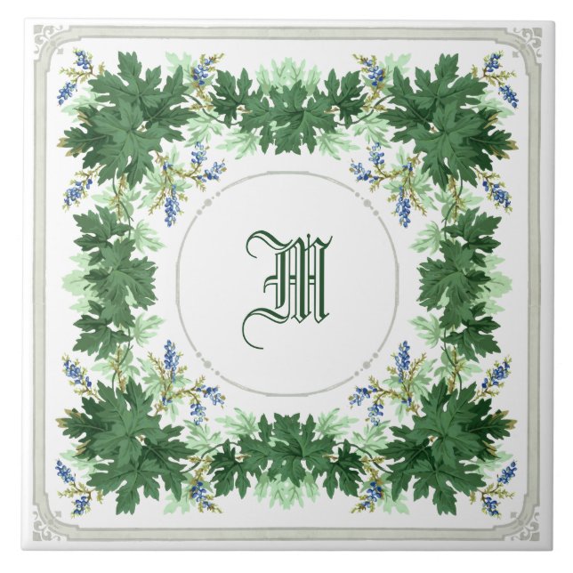 Oak Leaves & Berries Wreath Border Monogram Ceramic Tile (Front)