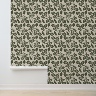 Oak Leaves Green  and Ivory Modern Wallpaper