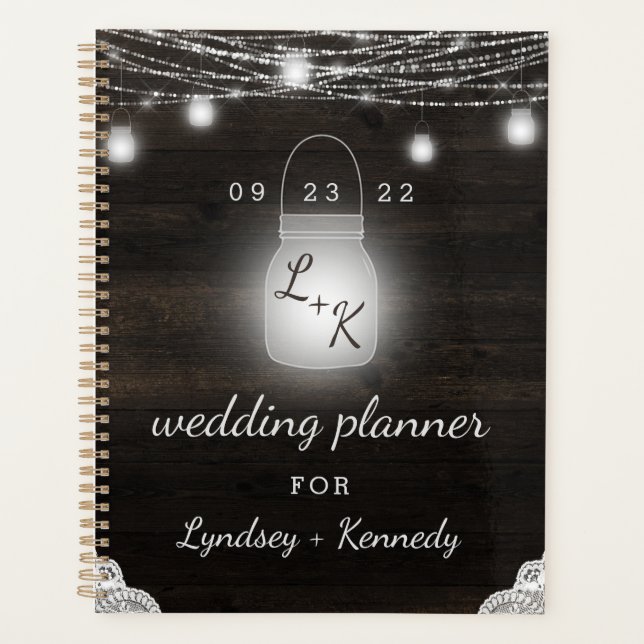 Oak Ridge Rustic Mason Jar & Lights Wedding Plans Planner (Front)