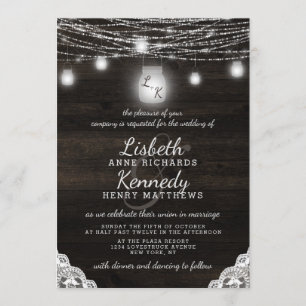 Oak Ridge Rustic Mason Jars & String Light Wedding Invitation
