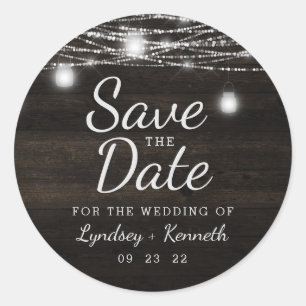 Oak Ridge Rustic Wood & Lights Save the Date Classic Round Sticker