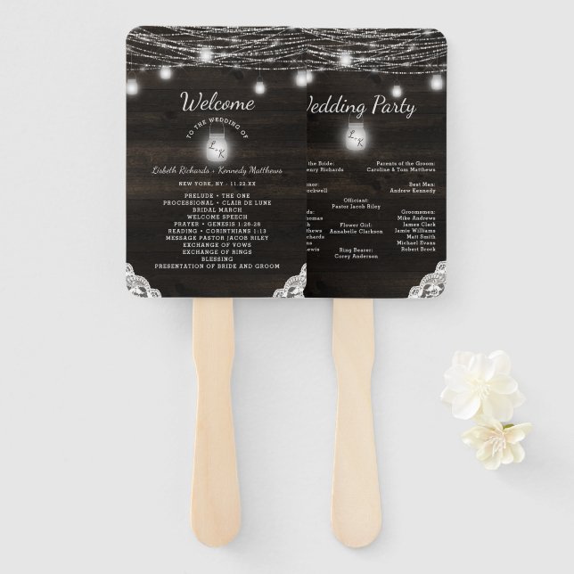Oak Ridge Rustic Wood Wedding Ceremony Program Hand Fan (Front and Back)