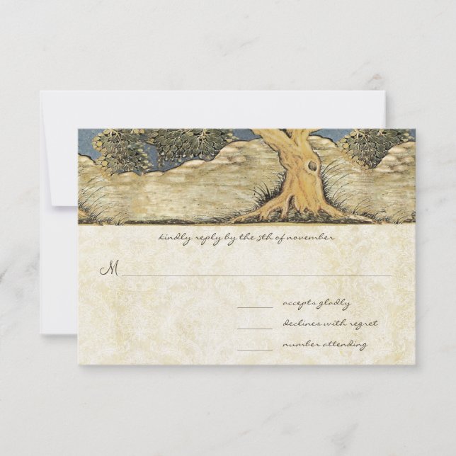 Oak Tree Distressed Damask Metallic Elegance RSVP Card (Front)