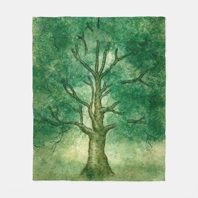 Oak Tree in the Fog Watercolor Painting Fleece Blanket (Front)