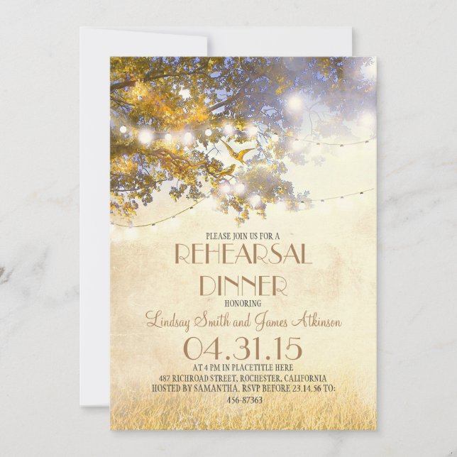 oak tree lights & birds lights rehearsal dinner invitation (Front)