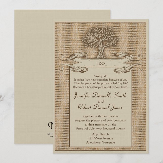 Oak Tree on Burlap Wedding Invitation (Front/Back)