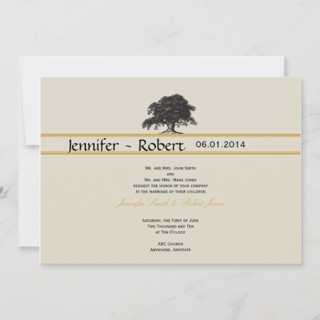 Oak Tree Plantation in Gold Wedding Invitation (Front)