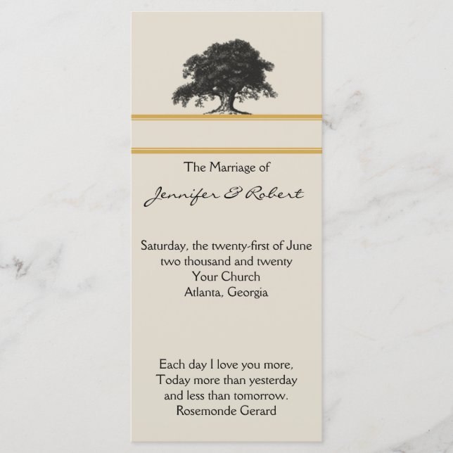 Oak Tree Plantation in Gold Wedding Program (Front)