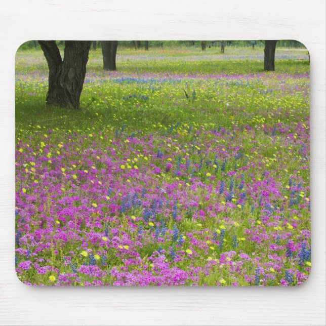Oak Trees with field of Phlox, Blue Bonnets Mouse Pad (Front)