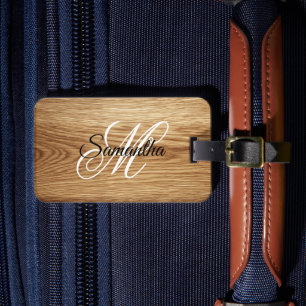 Oak Wood Image Fancy Monogram Luggage Tag