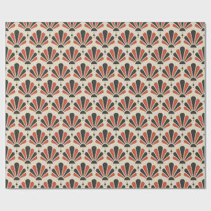 Oat, Charcoal and Coral Art Deco Teardrop Fan Wrapping Paper