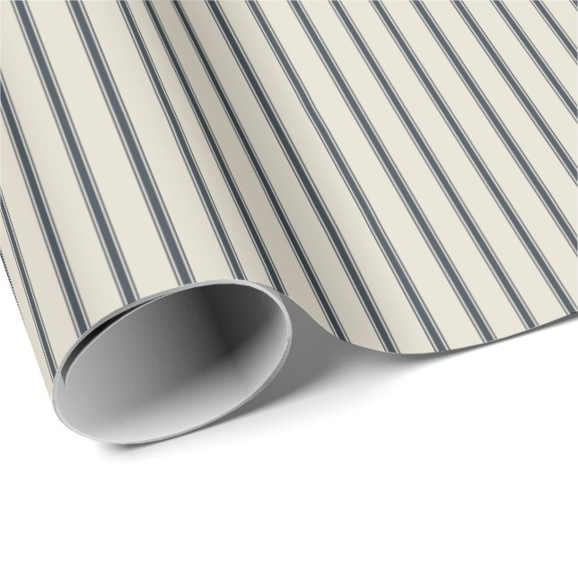 Oatmeal Navy Rustic Thin Ticking Stripes Wrapping Paper (Roll Corner)
