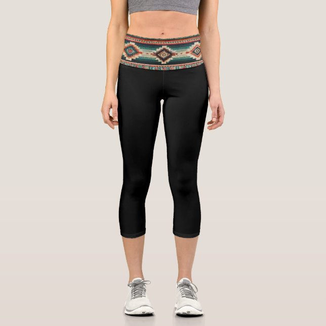"OAXACA BAND/BLACK" HISPANIC-HERITAGE HIGH WAIST CAPRI LEGGINGS (Front)