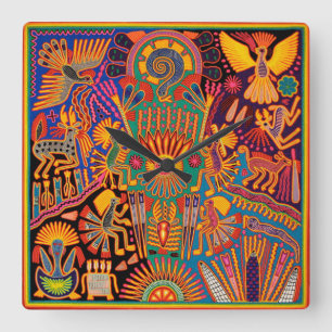 Oaxaca Mexico Mexican Mayan Tribal Art Boho Travel Square Wall Clock
