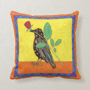 Oaxacan Crow & Red Rose Mexican Folk Art Cushion