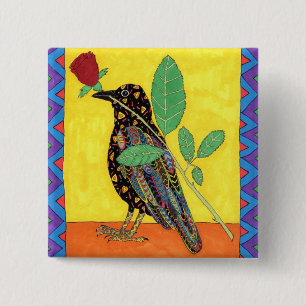 Oaxacan Crow with Red Rose 15 Cm Square Badge