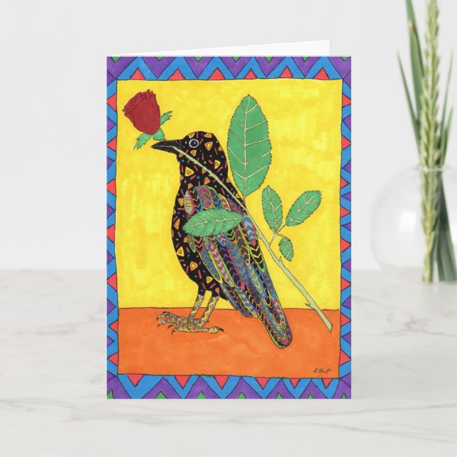 Oaxacan Crow with Red Rose Card (Front)