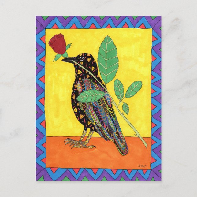 Oaxacan Crow with Red Rose Postcard (Front)