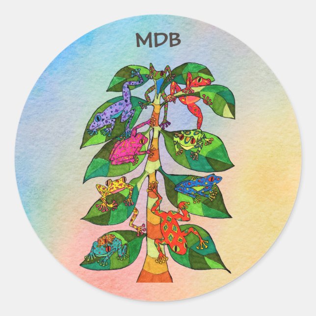 Oaxacan Frog Tree of Life Custom Monogram Classic Round Sticker (Front)