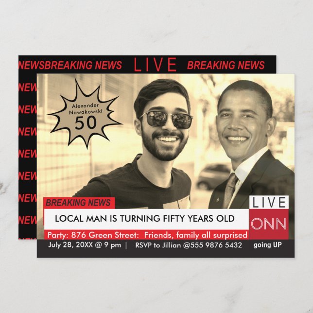 Obama Mens Funny TV News 50th Birthday  Invitation (Front/Back)