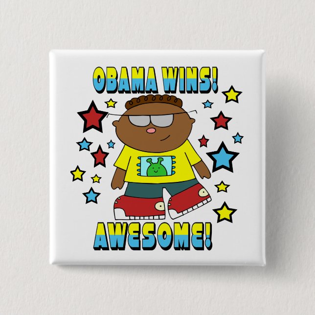 OBAMA WINS 15 CM SQUARE BADGE (Front)