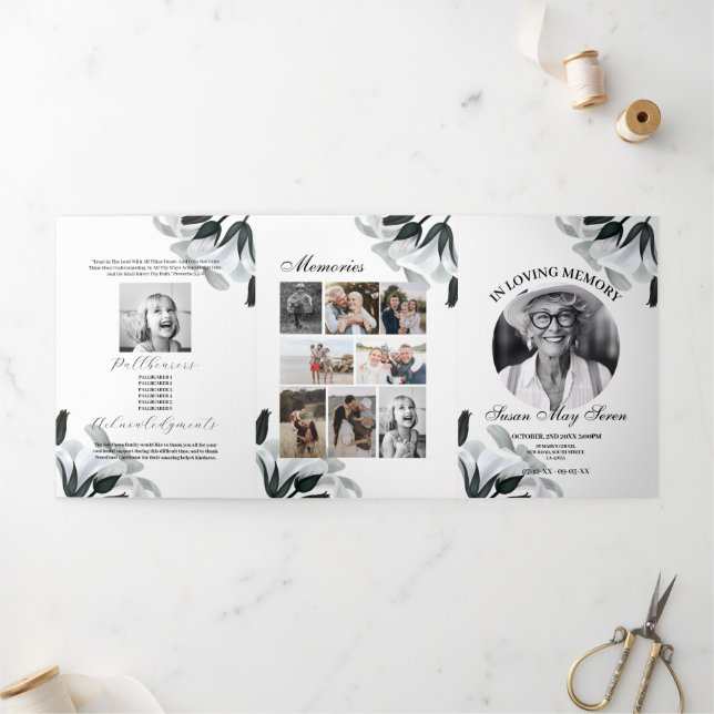 Obituary Celebration Life Photo Black White Lily Tri-Fold Invitation (Outside)