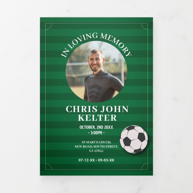 Obituary Celebration of Life Photo Football Soccer Tri-Fold Invitation (Cover)
