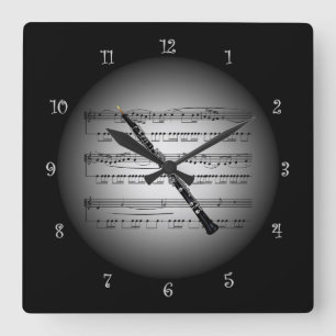 Oboe ~ 3-D Sheet Music ~ Silver & Black Background Square Wall Clock