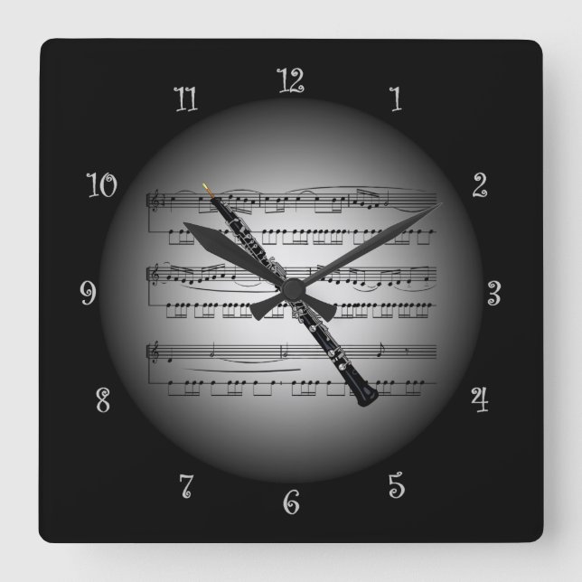 Oboe ~ 3-D Sheet Music ~ Silver & Black Background Square Wall Clock (Front)