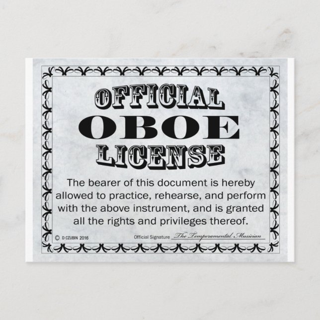 Oboe License Postcard (Front)