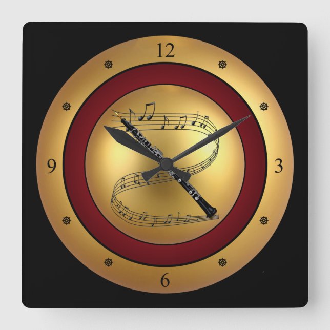 Oboe~Musical Scroll~Gold/Maroon/Black Background~ Square Wall Clock (Front)
